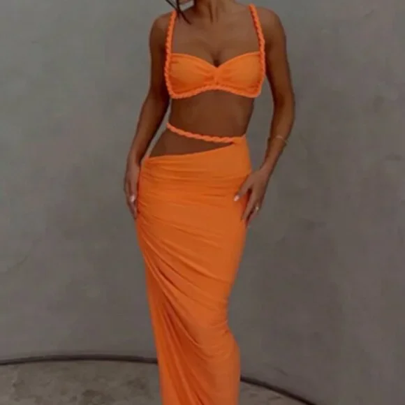 Orange Women's Sexy Backless Camisole top, Hip Hugging maxi Skirt Set